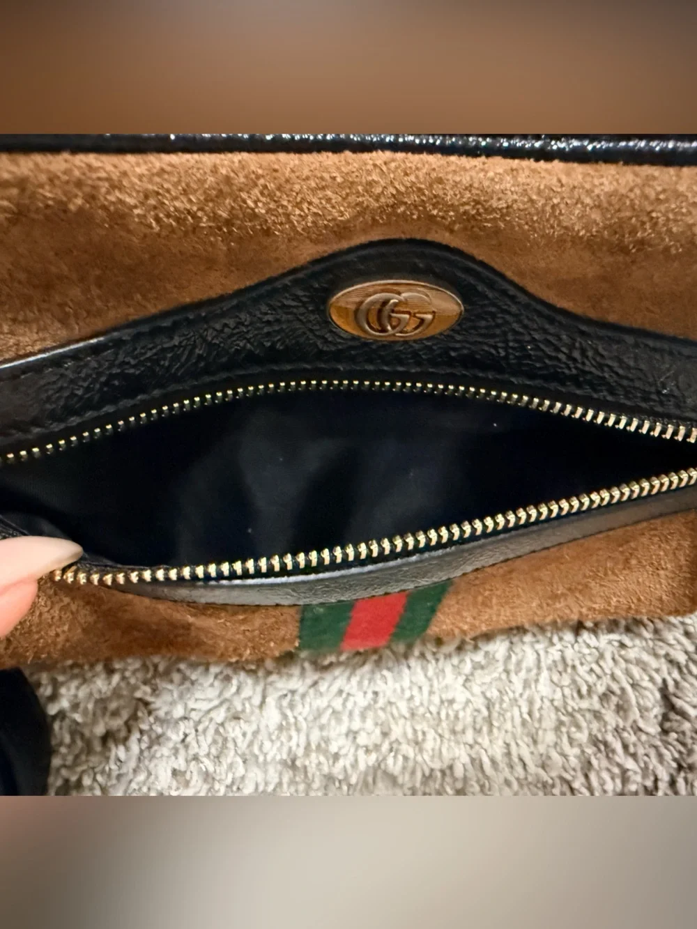 Gucci Ophidia Small Brown Suede Crossbody Camera Bag w/ Green-Red Stripe